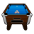 Static pixel art of a pool table with blue felt, brown wooden frame, and white rail cushions.