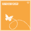 Orange background with white text 'LETS GET AWAY' at top, pixelated heart icon in upper right corner, and a white butterfly trailing dotted path below.