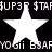 Black background with white stars and repeating pixelated text in light purple.
