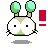 Pixel art character with green rounded ears, white face, and beige cheeks; red exclamation mark on right side; blue tears appear on left side of face in later frames.