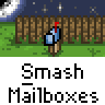 Animated contact sheet showing a 4x3 grid of pixel art frames depicting a yellow stick figure smashing mailboxes at night with a blue object, set against a wooden fence and starry sky background.