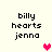 Pixelated text 'billy hearts jenna' appears in four identical with a single pink heart icon changing position across frames