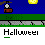 Pixel art animation of a Halloween-themed scene with silhouetted figures, pumpkins, and moonlit sky transitioning through multiple states.