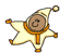 Animated character in star-shaped outfit with brown face, orange scarf, and white hat with pom-pom performing sequential poses against gray background.