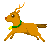Pixelated reindeer with brown body, green collar, yellow bell, and orange antlers in four running poses against gray background.