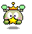 Pixel art character with green limbs, pink cheeks, and a yellow star on its chest, wearing an orange crown with a gold top.