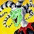 Pixelated figure with green face and red clothing against yellow background, right side shows green text on dark green.