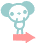 Pixelated cartoon character with light blue hair and white face stands on pink arrow, arms raised in two sequential poses.