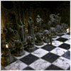 Six show a chessboard scene with stone pieces, three characters in school uniforms, and text about wizards having Playstations
