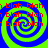 Four identical spiral patterns with alternating blue and green rings, overlaid with red text reading 'blah' in a