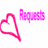 A pixelated pink heart outline and the word 'Requests' in gradient pink text on a white background.