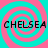 Four identical display the word "CHELSEA" in black pixelated text over cyan and pink spiral backgrounds, arranged in a