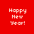 Four pixelated display "Happy New Year!" text in white on red, orange, yellow, and dark orange backgrounds