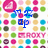 A static image with a colorful polka-dot background featuring pink, green, blue, yellow, and brown circles, with text overlays and repeated 'ROXY' branding.