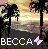 Pixelated beach scene with silhouetted trees, sunset sky, and water reflecting warm tones; white text 'BECCA' appears at bottom left.