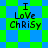 Pixelated text "I Love Chrisy" on a green and blue checkered background with animated diamond-shaped pattern transitions.