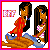 Pixelated image of two figures on a boat with a pink and orange patterned square in the top left corner.