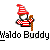 Pixel art buddy icon of a character in red-and-white striped attire holding a wooden staff with text below.