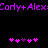 Purple pixelated text 'Cory+Alex' repeats across top of black background, with two of pink and purple heart icons below