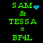 Green pixelated text on black background with blue heart and dot animations, showing 'SAM & TESSA = BP4L' in
