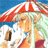 Pixelated anime-style character with long light green hair under a red and white striped canopy, holding a white object with a brown section against a blue background.