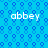 Blue background with repeating dark blue hexagonal patterns and four instances of the word 'abbey' in white pixelated text.