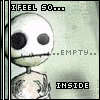 A small animated icon shows a white, round-headed figure with black eyes and stitched mouth against a light green background. Text elements include "I FEEL 50..." at top left, ".EMPTY." below it, and "INSIDE" in the lower-left corner.