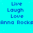Static cyan background with repeated text blocks displaying 'Live', 'Laugh', 'Love' vertically and 'Anna Rocks' horizontally, all in dark blue pixelated font.