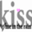 Gray 'kiss' text with pink heart accents, two overlapping views showing partial and full lettering on white background.