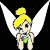 Pixelated cartoon fairy with yellow hair and white wings on black background, featuring two text variations "Tink" in purple and "Thirk" in pink.
