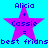 A blue background displays four identical pink star icons with text, arranged in a . Each star contains 'Alicia' above '+', 'Cassie' below the plus sign, and '=' beneath that. Below each star is partial pixelated text reading 'best fridns'