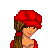 Animated contact sheet of a pixel art beach-themed character in red swimwear with multiple frames showing different poses and text labels for summer items.
