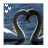 A pixelated image shows a figure with long brown hair forming a heart shape with arms against a blue background, accompanied by three white Y-shaped symbols in the top-left corner.