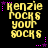 Yellow pixelated text 'Kenzie Rocks Your Socks' on black background with pink star and dot accents, animated by changing star positions.