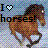 Pixelated icon shows brown horse with black mane and tail, white eye, standing on checkered background; text reads "I ❤️ Horses!" in blue and black.