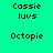 Pixelated text displays 'Cassie luvs' and 'Octopie' on two distinct background colors in a
