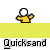Pixelated yellow figure with white head and outstretched arms appears in three sequential positions above a gray band, each time partially obscured by a bright yellow horizontal bar.