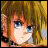 A 48x48 pixel buddy icon featuring a split composition with an anime-style character on the left and text elements on the right against a black background.