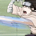 Animated sequence of a character in beige uniform with blue accents performing dynamic combat poses against green background.