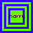 Four square each contain nested green and blue squares with the text 'harry' in brown pixelated font, arranged in a