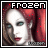 Pixelated image of a red-haired figure with blue eyes and red lips, labeled 'FROZEN' at the top, with red dots scattered across the background.