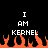 Pixelated text 'I AM KERNEL' in white on black background with orange flames at bottom, static image.