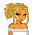 Pixel art of a female character with blonde hair in an updo, wearing off-shoulder white top and blue jeans with yellow sparkles.