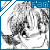pixelated grayscale images showing a person with tousled hair in various poses, each framed by blue borders and diagonal gray stripes