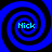 Four identical blue spiral patterns with black outlines arranged in a , each containing the text 'Nick' in cyan pixelated font at center