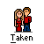 A 4-frame pixel art contact sheet showing a couple in red and blue clothing with varying heart symbols above them, each frame labeled "Taken" below.