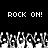 Black background with white pixelated text "ROCK ON! ROCK ON!" above a of raised hands in grayscale