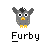 Pixel art image showing a gray Furby with yellow feet, orange beak, and black hair, next to a hammer and batteries with price labels.
