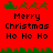 Red background with green pixelated holiday symbols and black text reading "Merry Christmas Ho Ho Ho" in two
