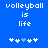 Blue background with white pixelated text reading "volleyball is life" and five white plus signs with one light blue plus sign in the center.
